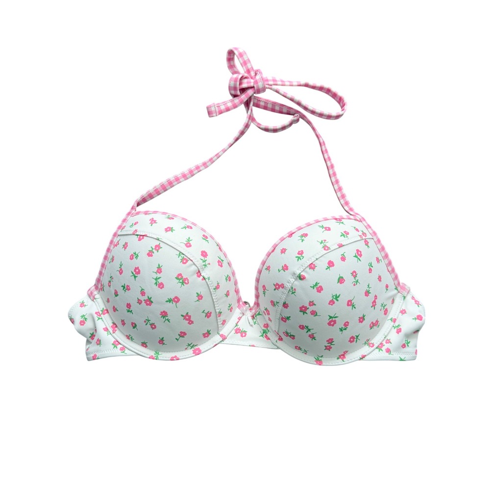 Victorias Secret PINK Frankies Bikinis Floral Gingham Push Up Top White Pink L